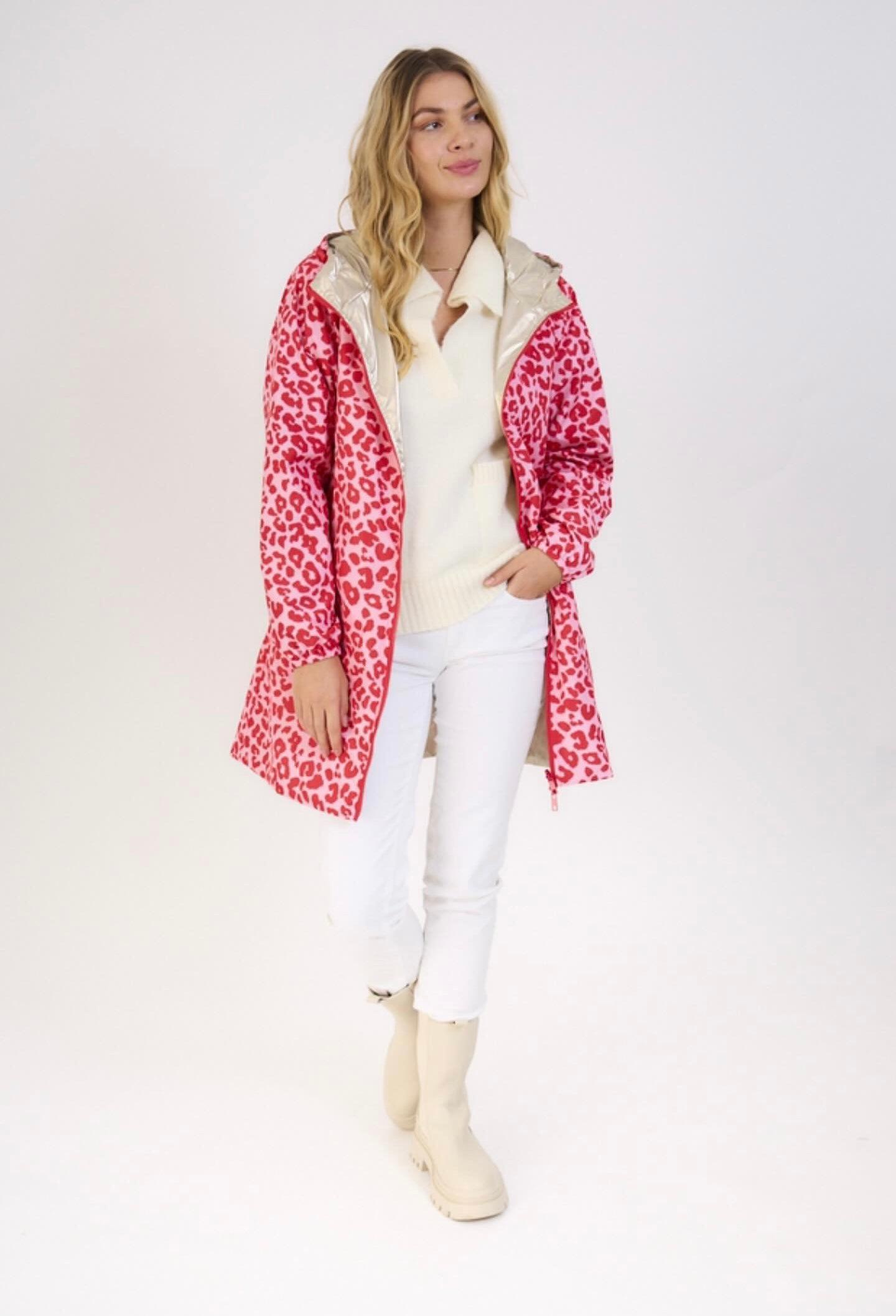 Escandelle - Parka longue imperméable motifs léopard rose fuschia réversible dorée - Le Petit Placard