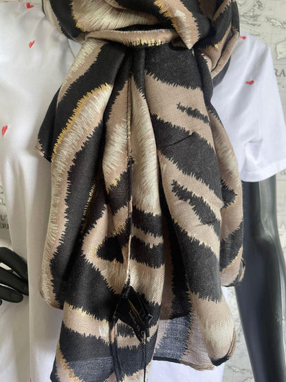 Foulard en tissu motifs zébré noir et taupe avec touche de doré - Le Petit Placard