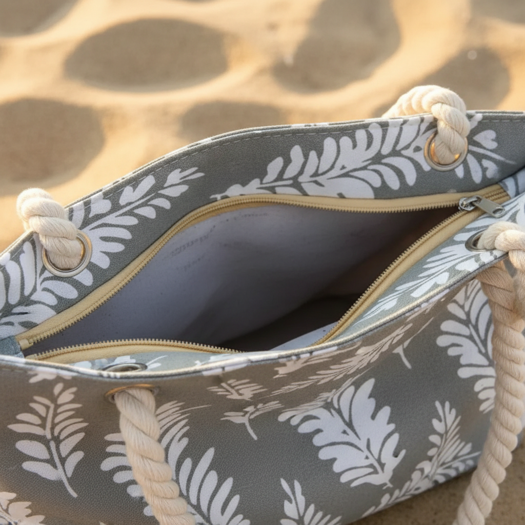 Intérieur et fermeture éclair sac de plage gris motifs plumes