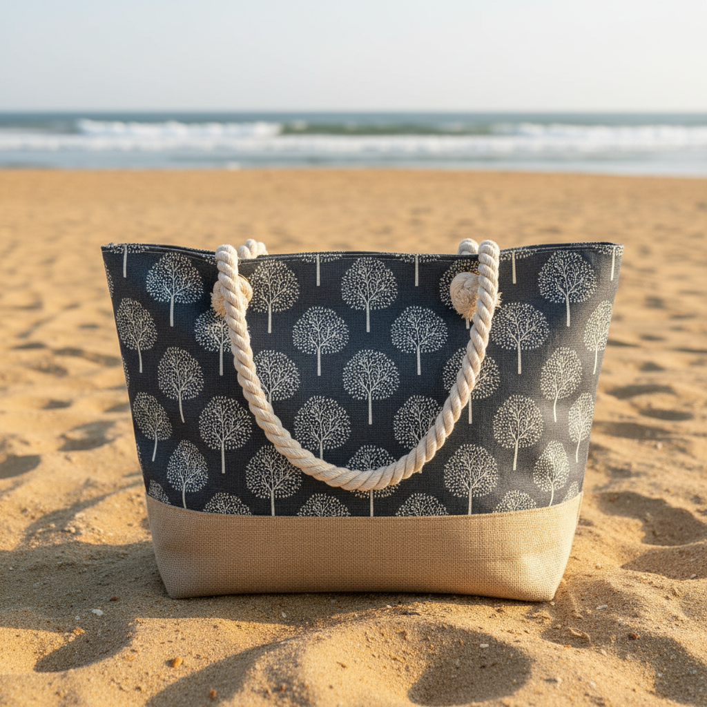 Sac de plage gris motifs arbres sur fond sable