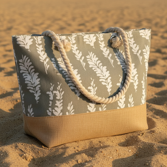 Détail tissu plumes et jute sac de plage gris