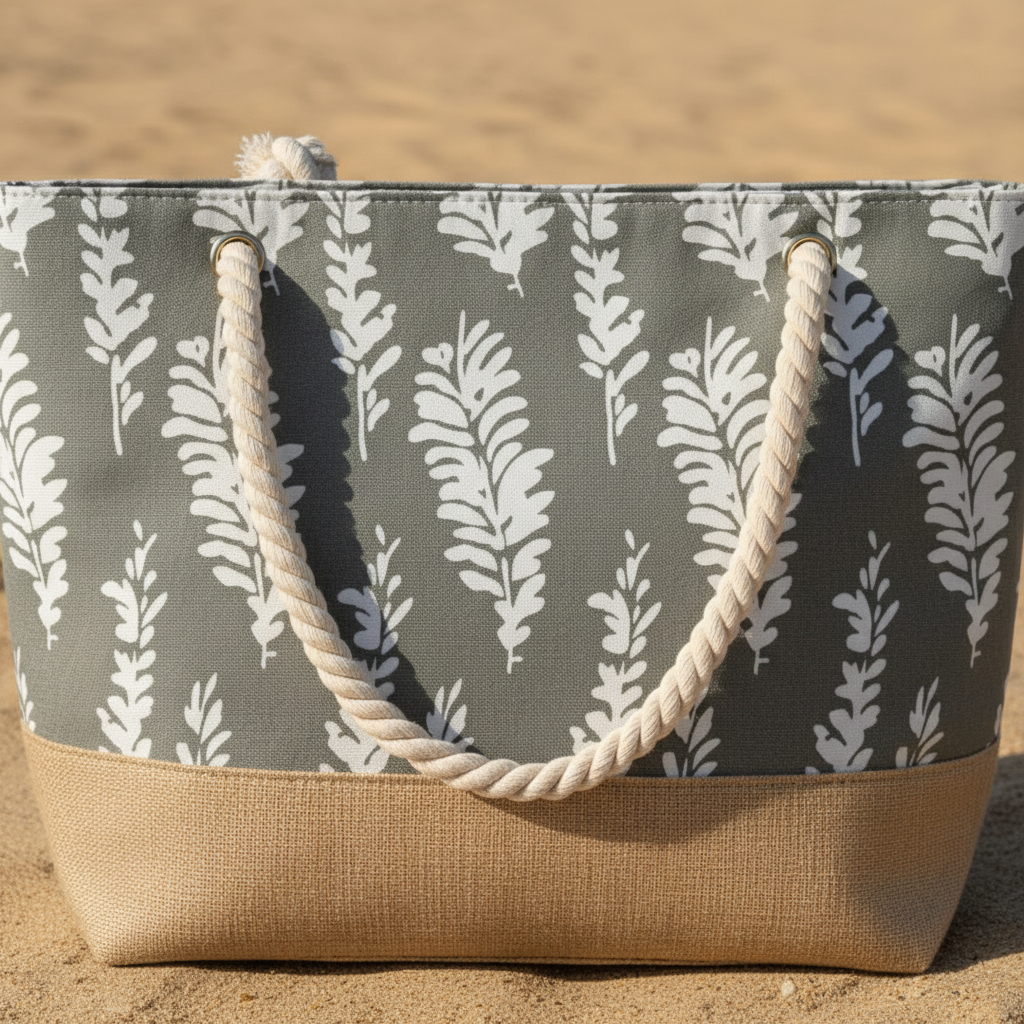 Vue dessus sac de plage gris motifs plumes fond sable