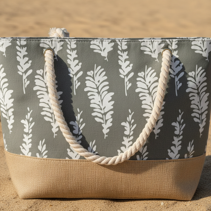 Vue dessus sac de plage gris motifs plumes fond sable