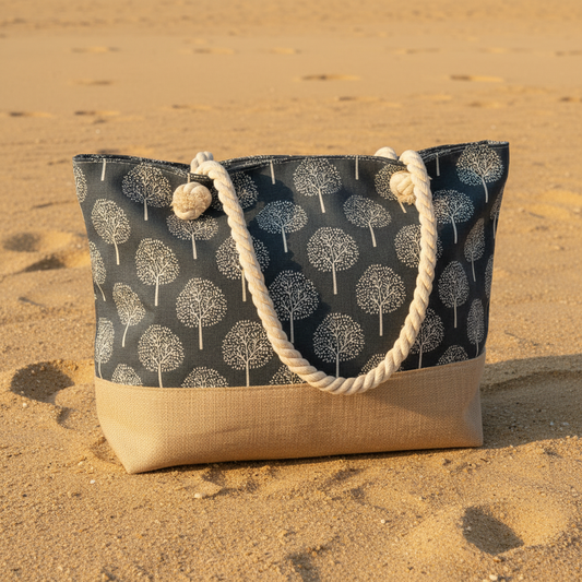 Vue principale sac de plage gris motifs arbres fond sable