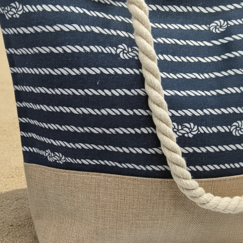 Détail tissu jute et anse sac de plage bleu motifs nœuds