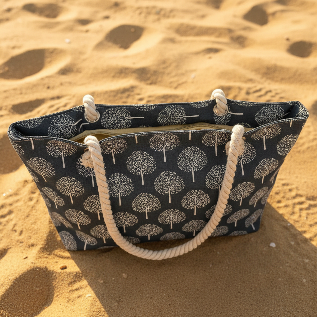 Vue dessus fermeture éclair sac de plage gris motifs arbres