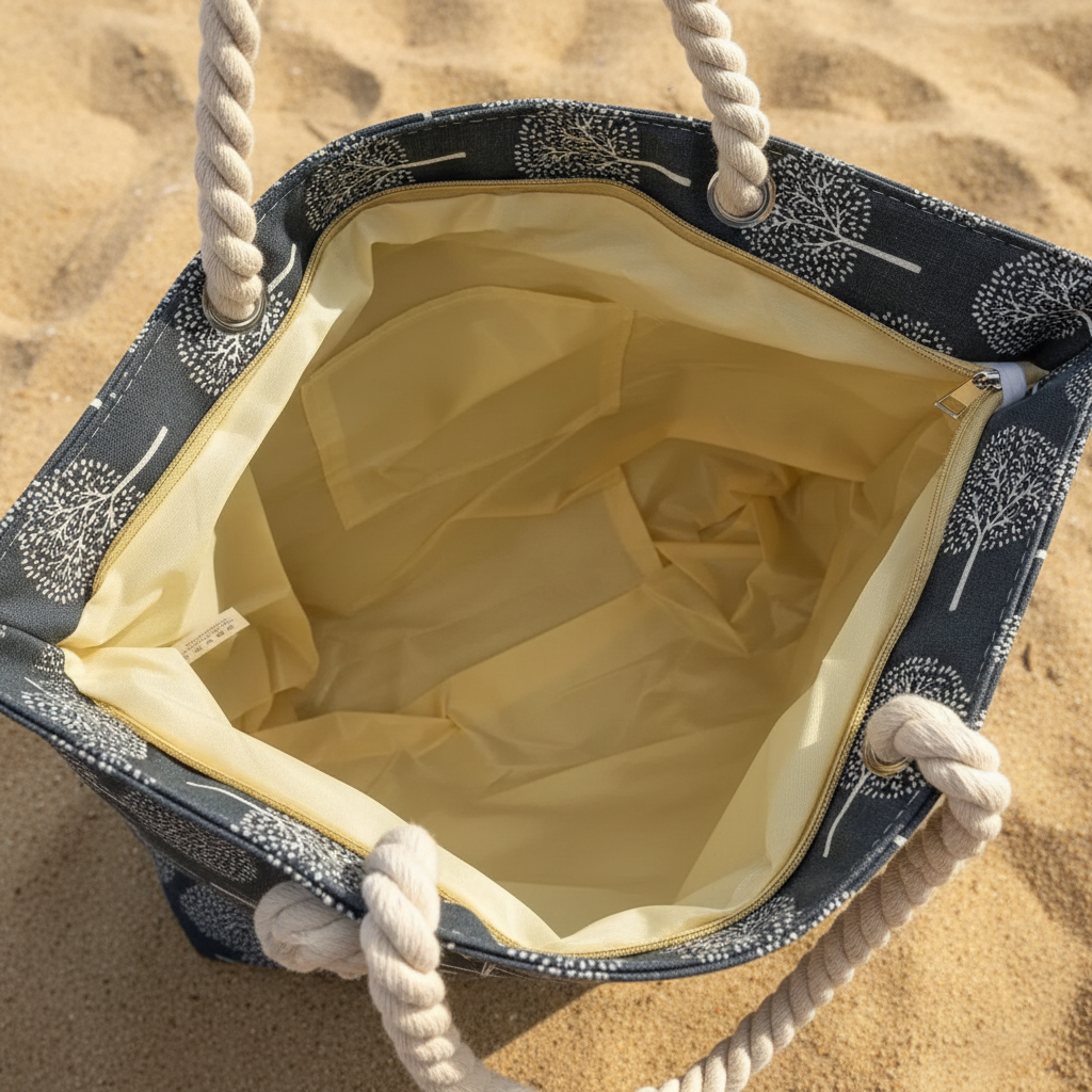 Intérieur sac de plage gris motifs arbres fond sable