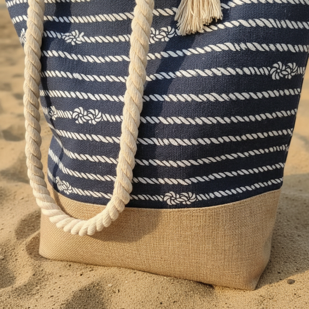 Détail tissu et jute sac de plage bleu motifs nœuds