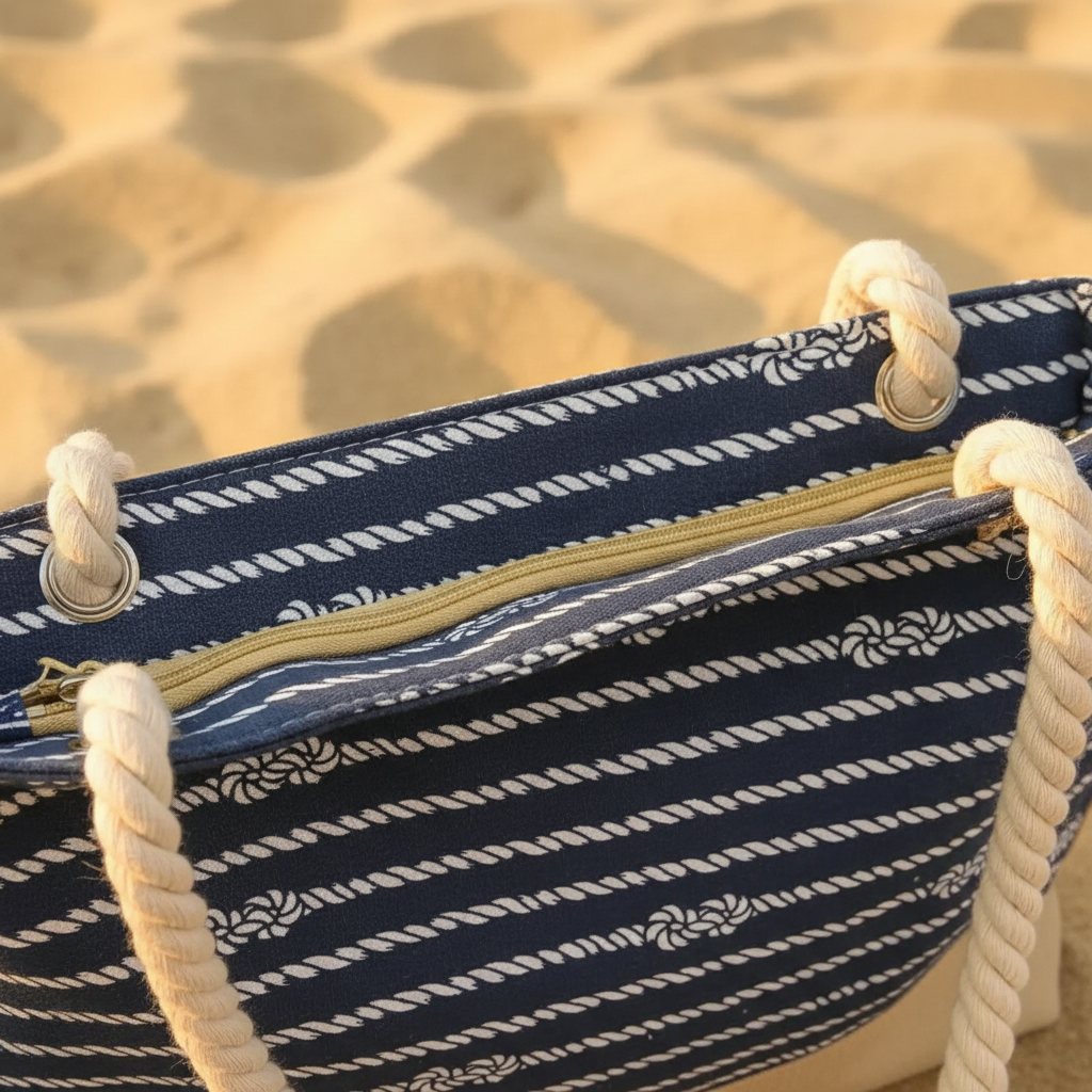 Intérieur et fermeture éclair sac de plage bleu motifs nœuds