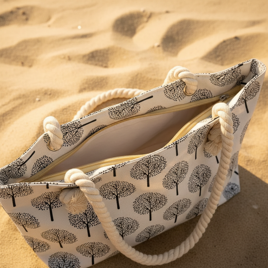 Fermeture éclair ouverte sac de plage blanc motifs arbres