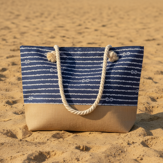 Sac de plage bleu motifs nœuds sur fond sable