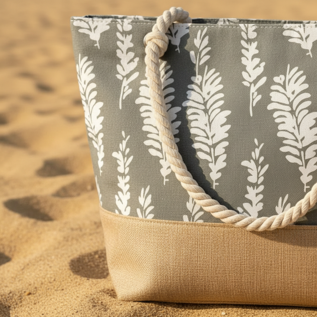 Détail anse corde et nœud sac de plage gris plumes
