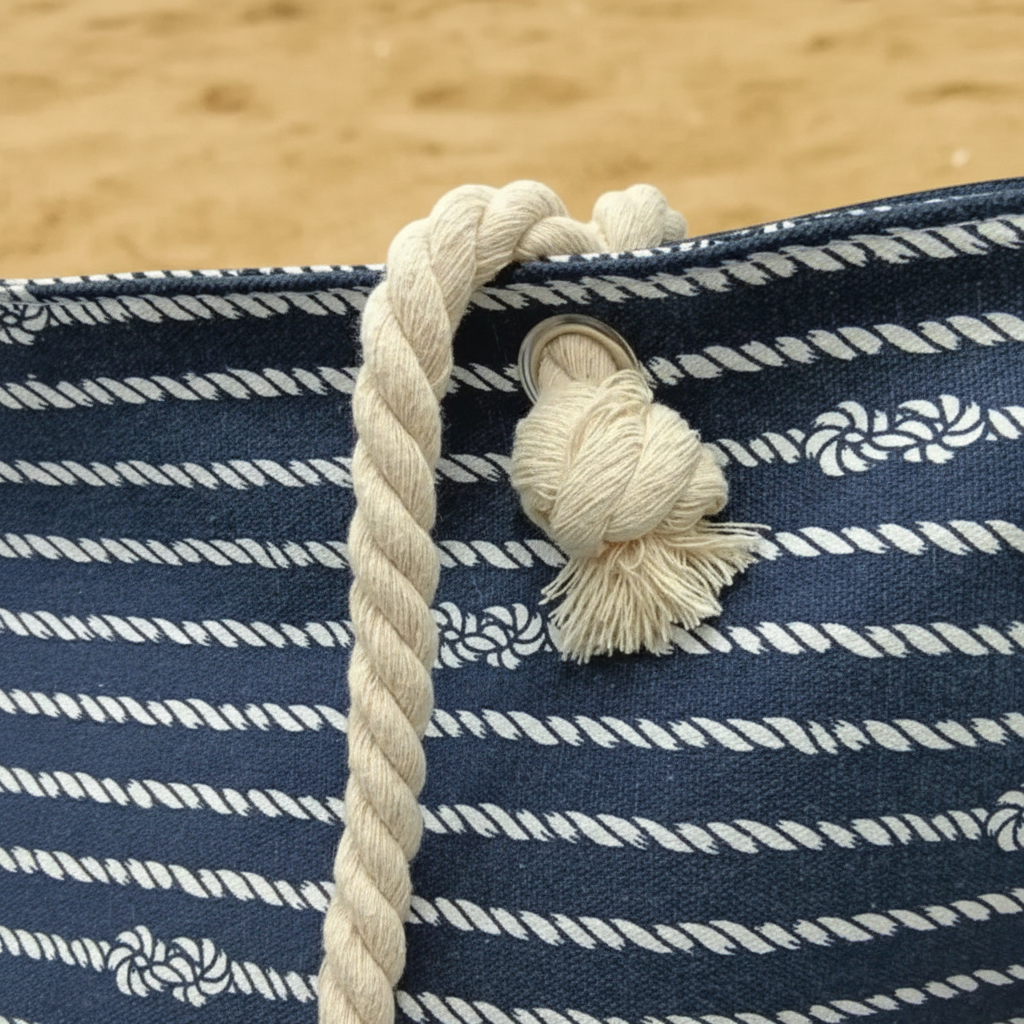 Détail nœud anse corde sac de plage bleu motifs nœuds