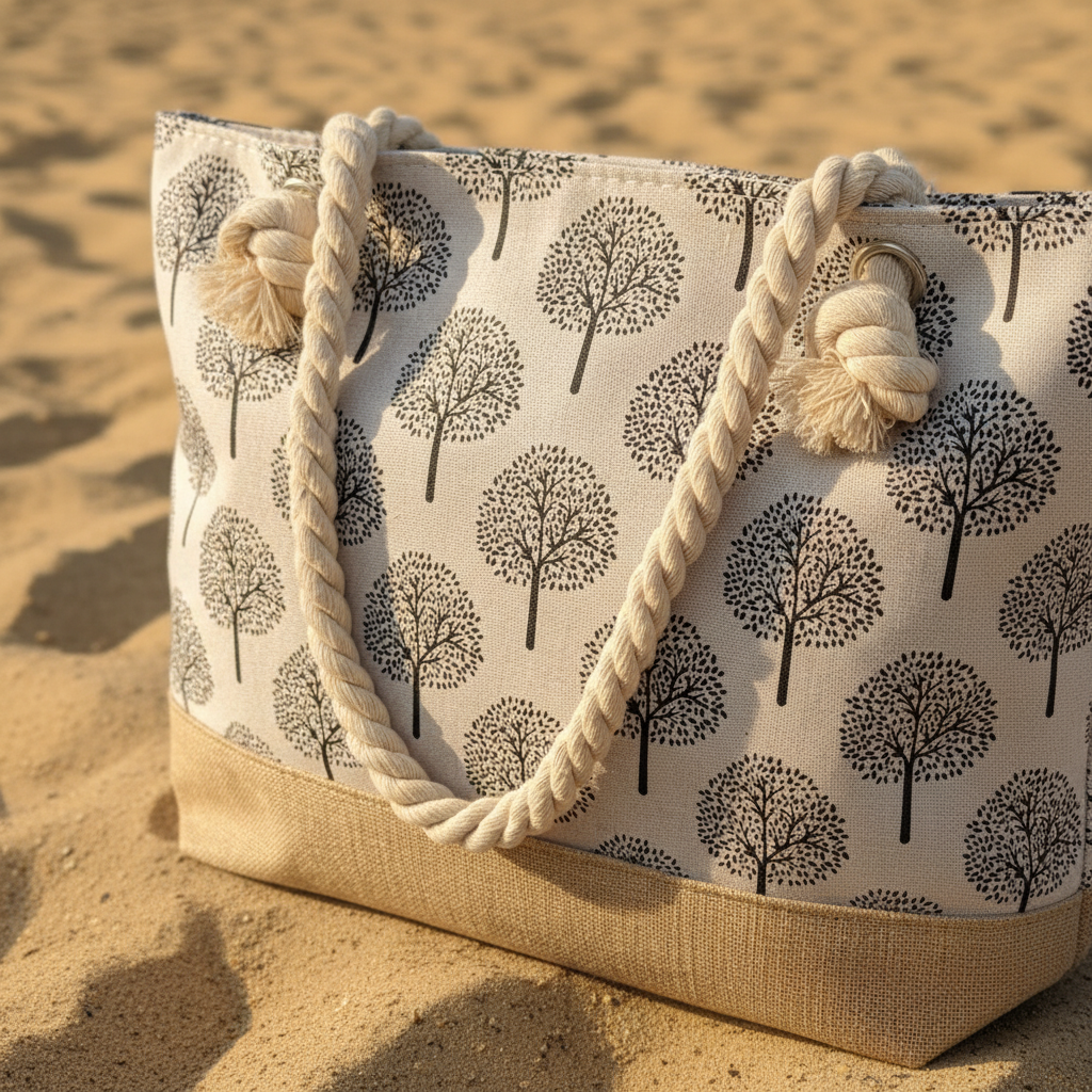 Détail anses corde sac de plage blanc motifs arbres