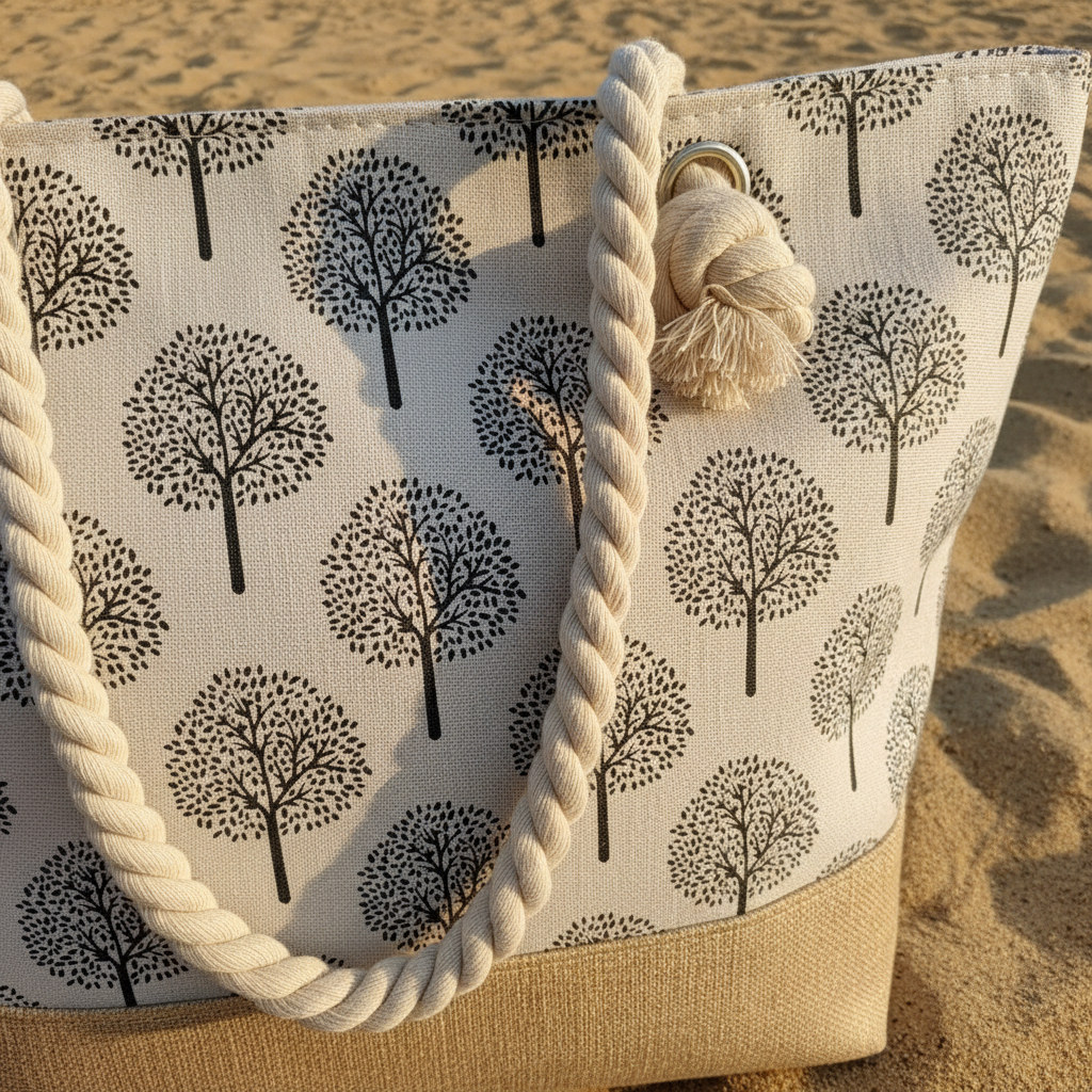 Détail anse droite et jute sac blanc motifs arbres