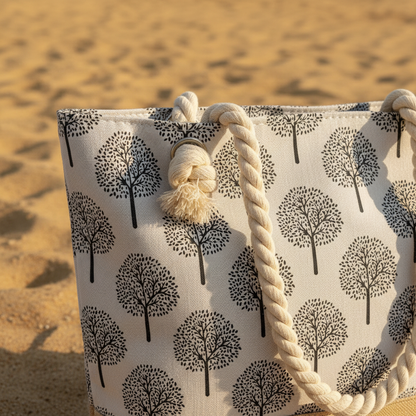 Détail anse gauche et nœud sac blanc motifs arbres