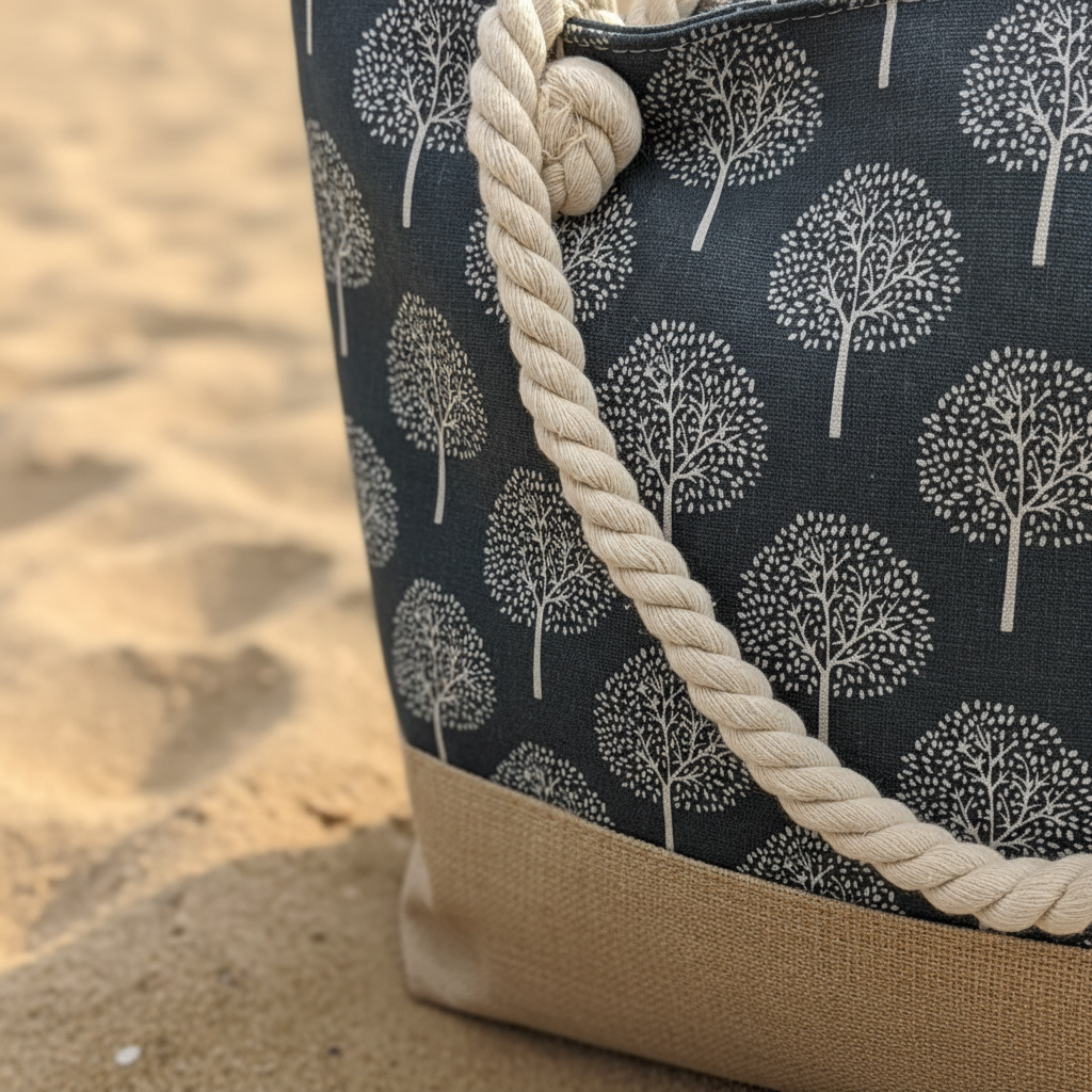 Détail nœud anse droite sac de plage gris arbres