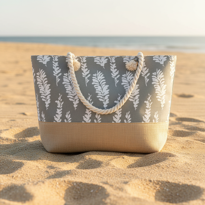 Sac de plage gris motifs plumes sur fond sable