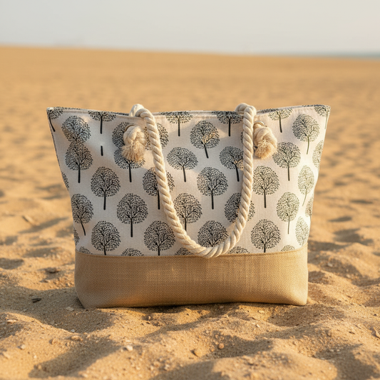 Vue principale sac de plage blanc motifs arbres fond sable