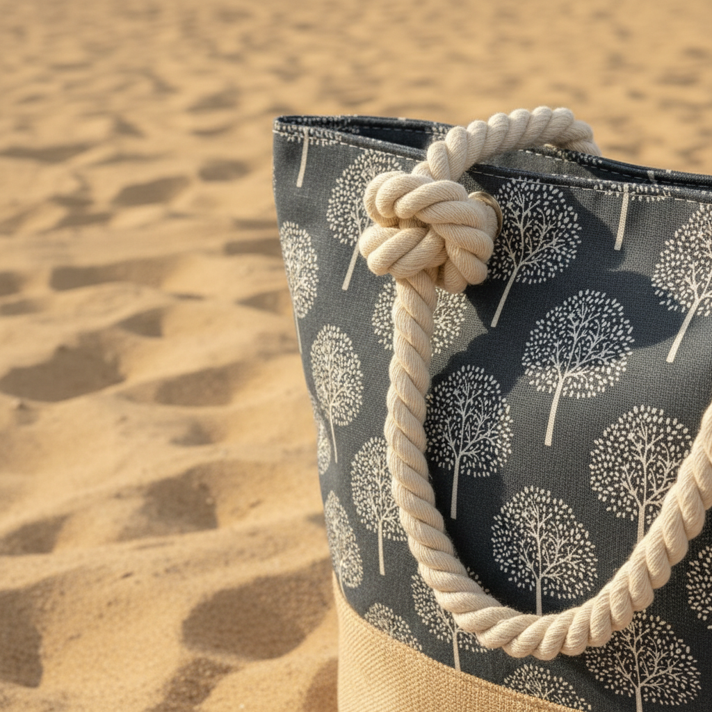 Détail nœud anse gauche sac de plage gris arbres