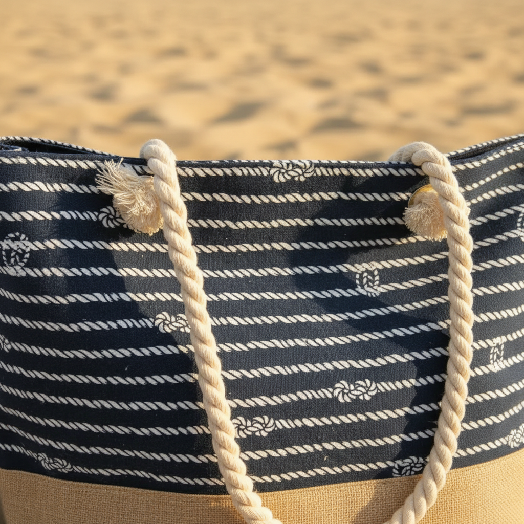 Détail anse tressée sac de plage bleu motifs nœuds