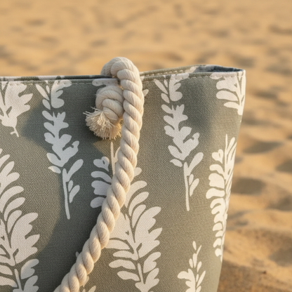 Anse corde drapée sac de plage gris motifs plumes