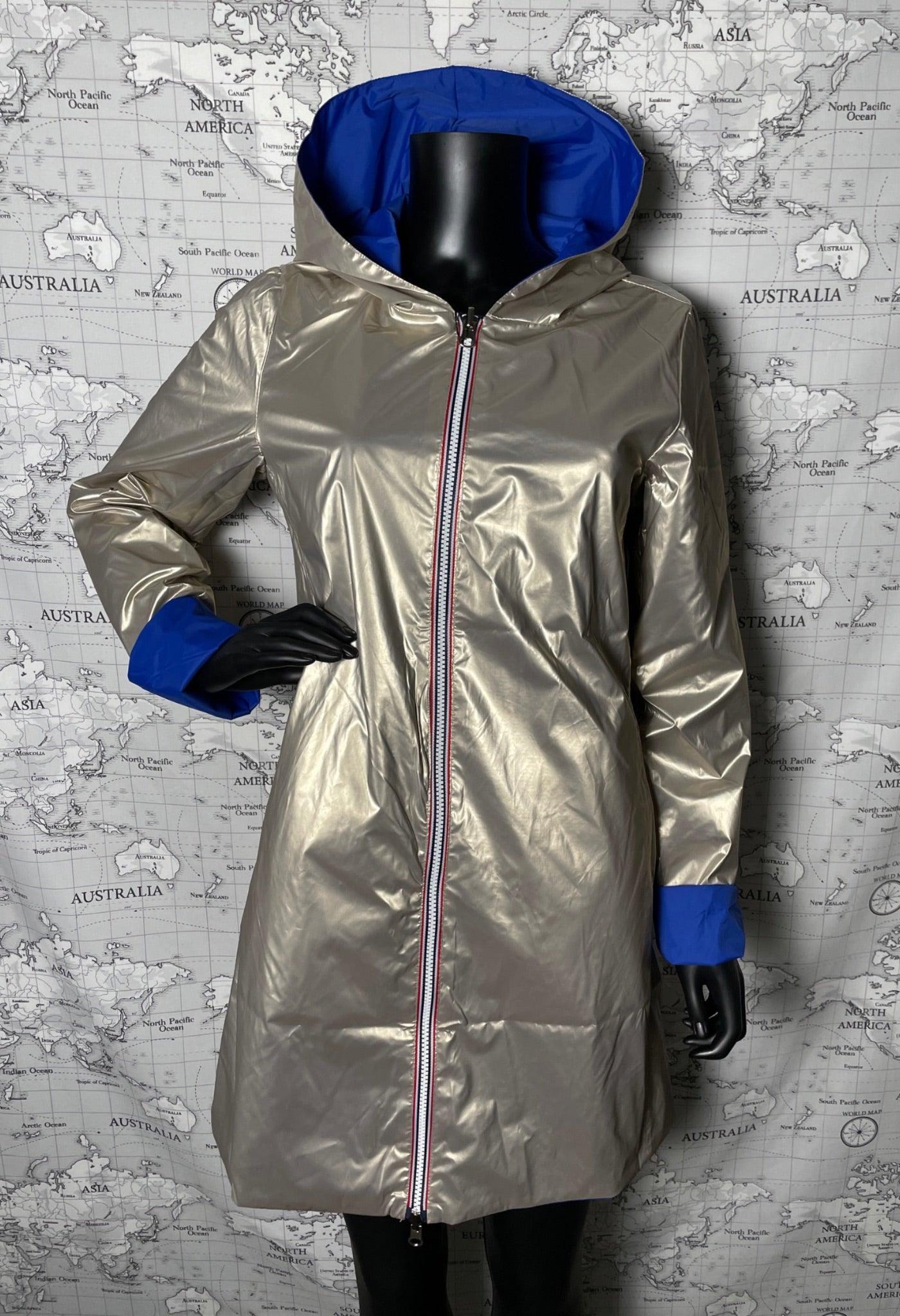 Imperméable réversible long sans garnissage ouate couleur Bleu électrique doré Laura Jo - Le Petit Placard