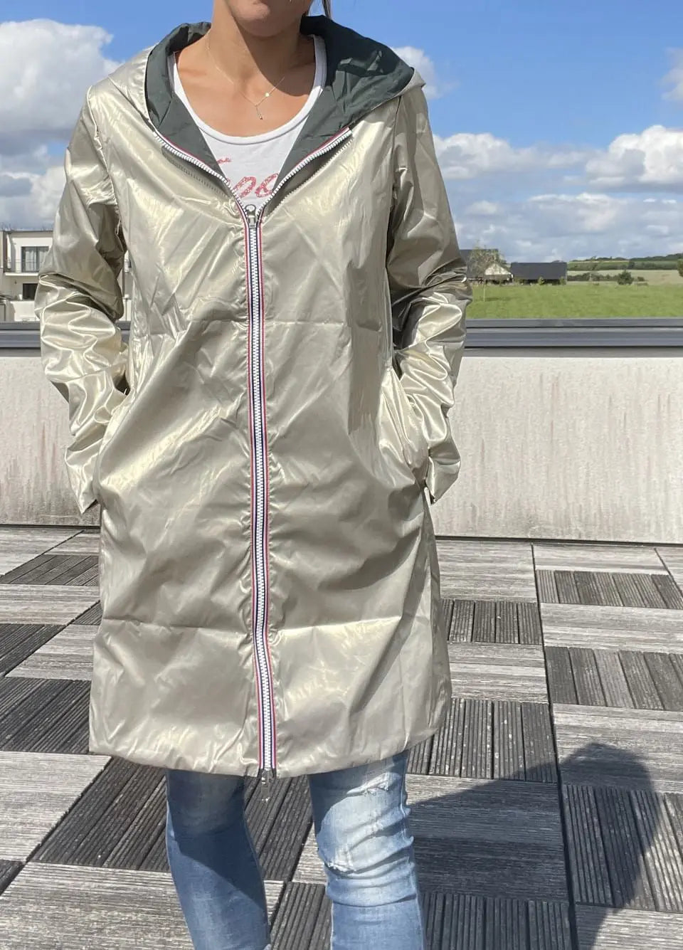 Imperméable Réversible Long Vert Forêt/Doré à Capuche – Laura Jo Laura Jo