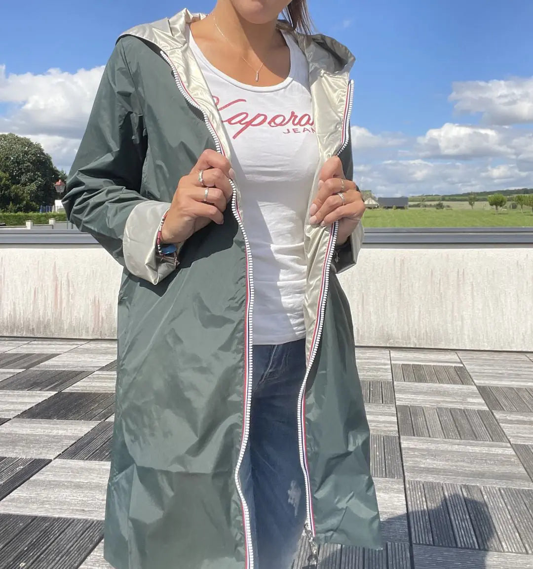 Imperméable Réversible Long Vert Forêt/Doré à Capuche – Laura Jo Laura Jo