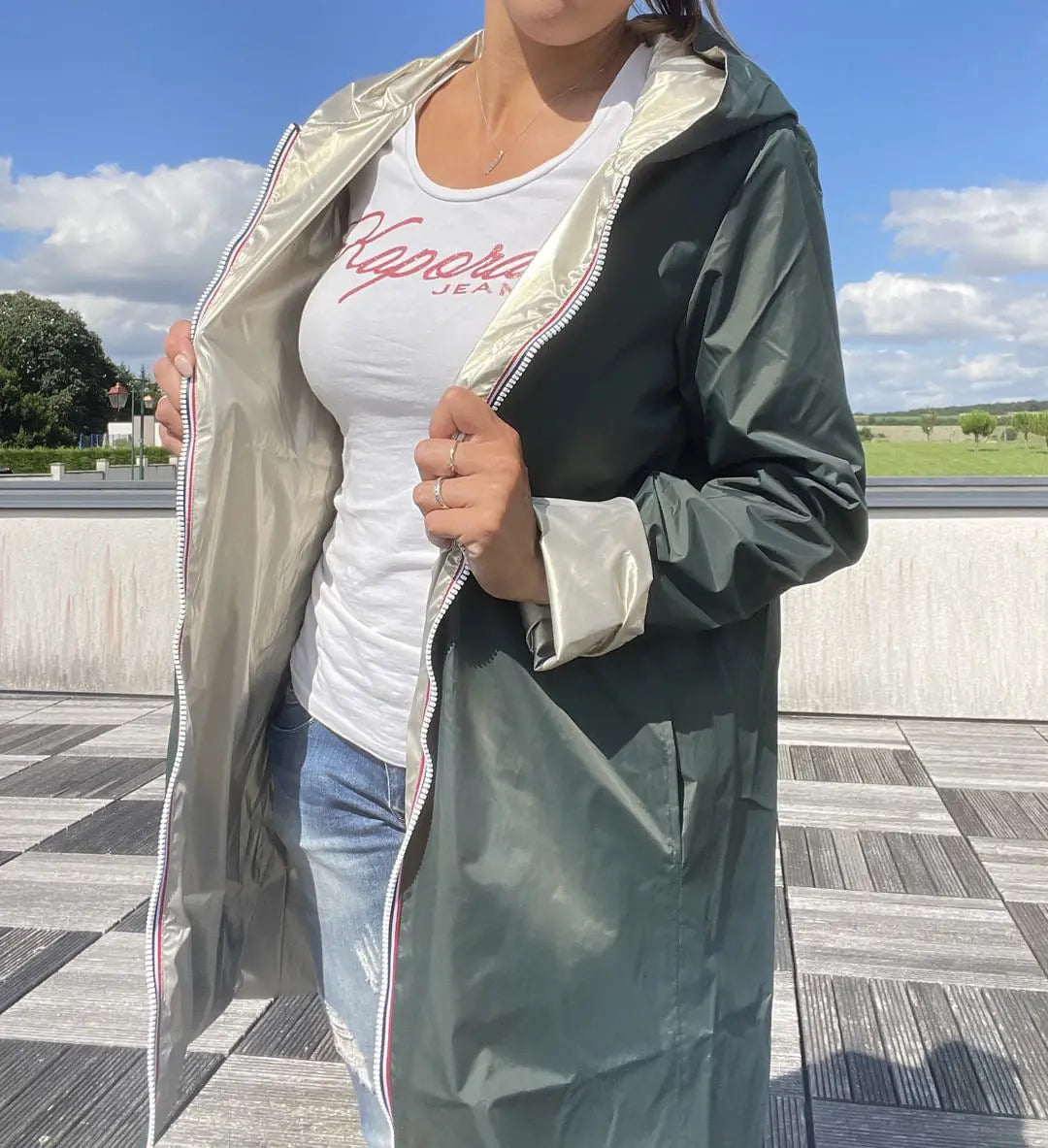 Imperméable Réversible Long Vert Forêt/Doré à Capuche – Laura Jo Laura Jo