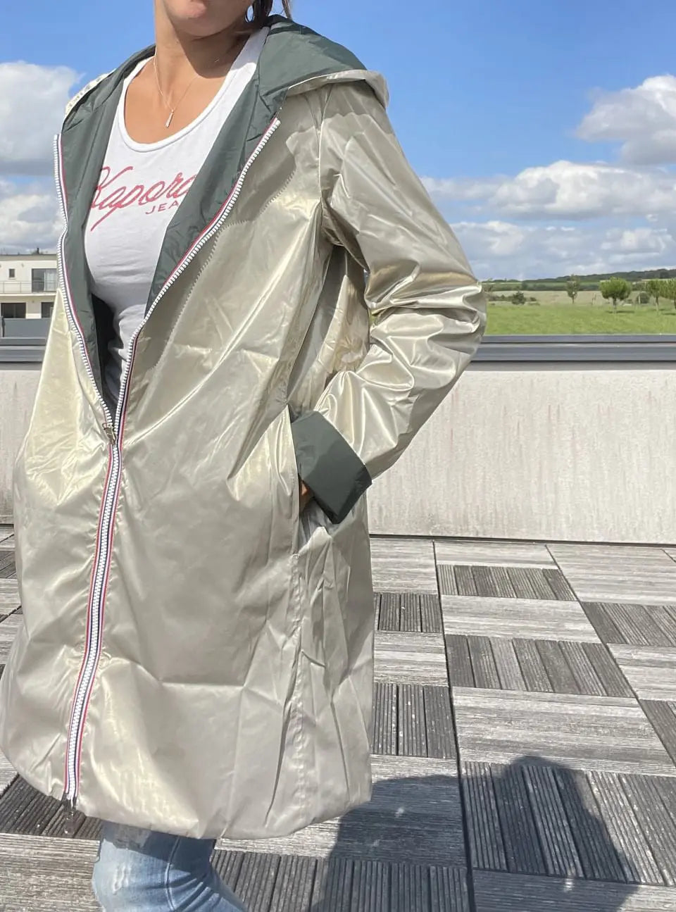 Imperméable Réversible Long Vert Forêt/Doré à Capuche – Laura Jo Laura Jo