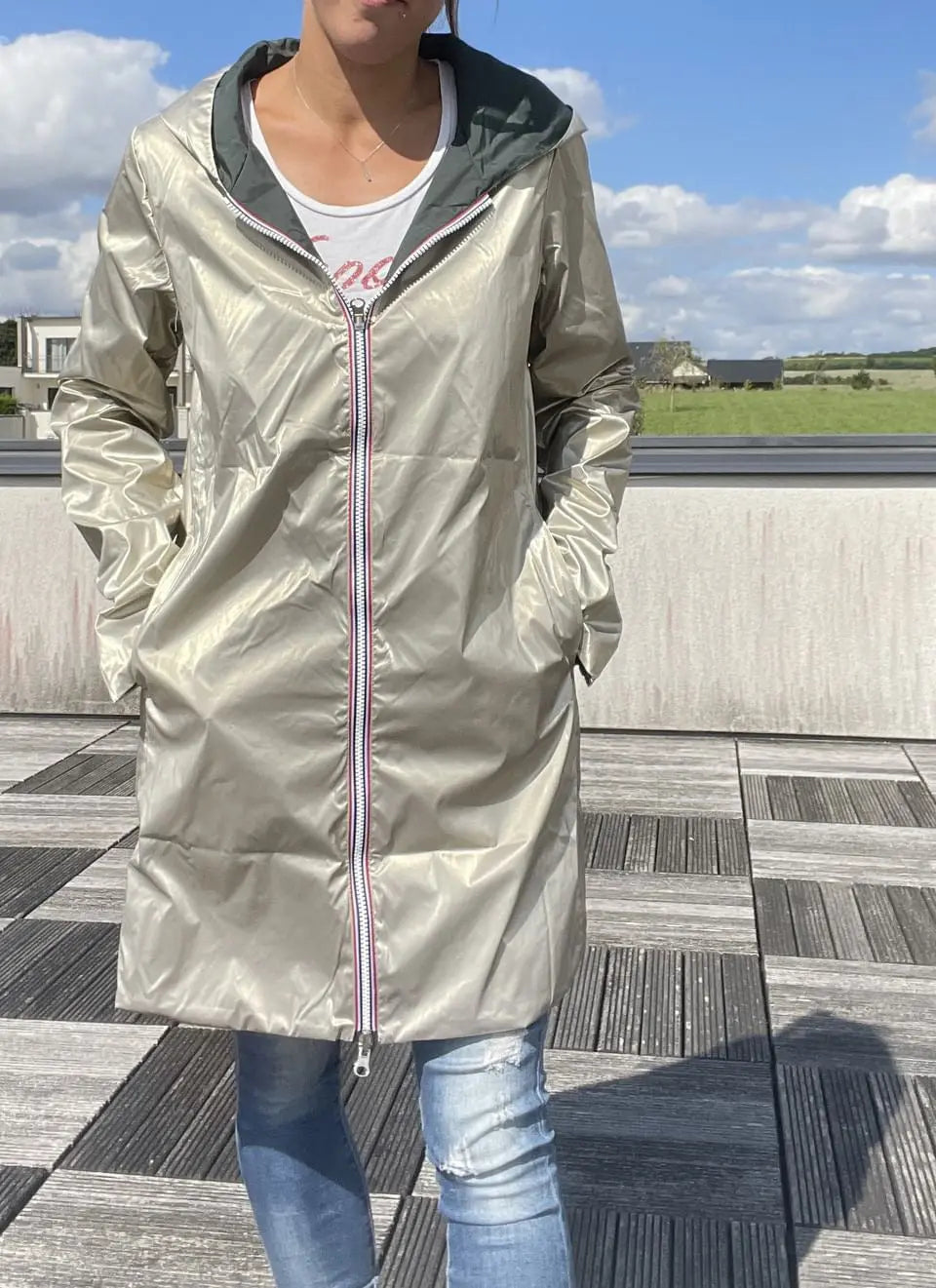 Imperméable Réversible Long Vert Forêt/Doré à Capuche – Laura Jo Laura Jo