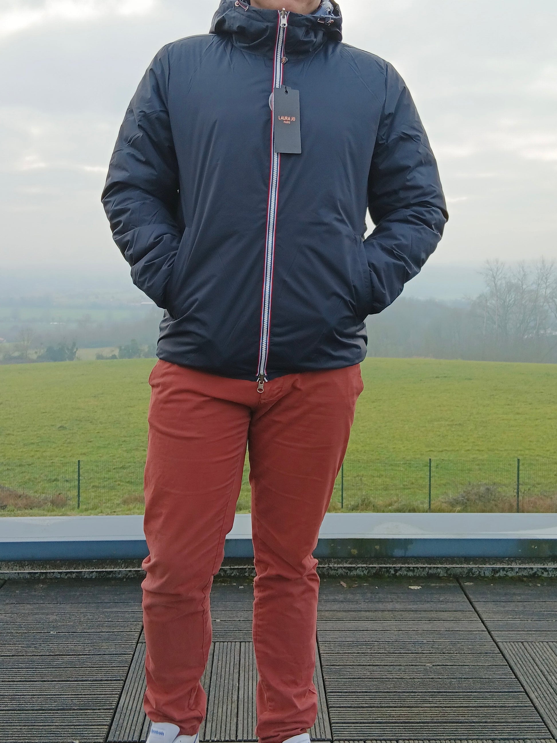 Laura Jo - Doudoune HOMME courte imperméable et réversible matelassé bleu marine Laura Jo