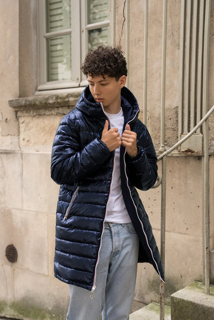 Laura Jo - Doudoune HOMME longue imperméable et réversible matelassé bleu marine Laura Jo