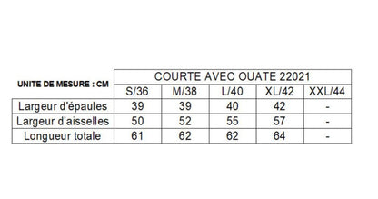 Tableau de tailles pour imperméable réversible court garnissage ouate: mesures en cm (épaule, aiselles, longueur) par taille S/M/L/XL.