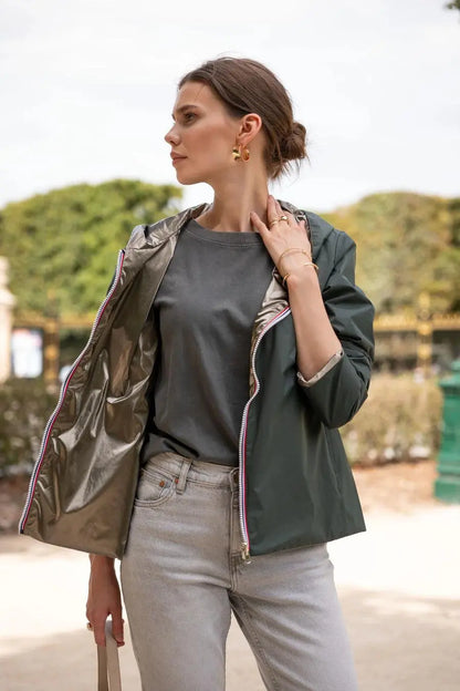 Laura Jo - Imperméable réversible court sans garnissage ouate couleur vert forêt/doré Laura Jo