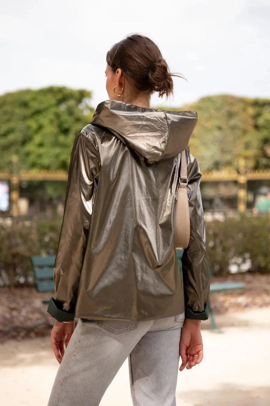 Laura Jo - Imperméable réversible court sans garnissage ouate couleur vert forêt/doré Laura Jo