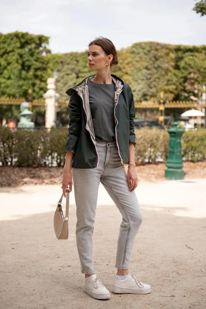 Laura Jo - Imperméable réversible court sans garnissage ouate couleur vert forêt/doré Laura Jo