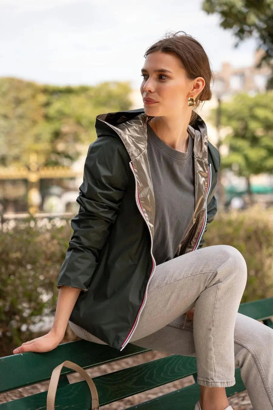 Laura Jo - Imperméable réversible court sans garnissage ouate couleur vert forêt/doré Laura Jo