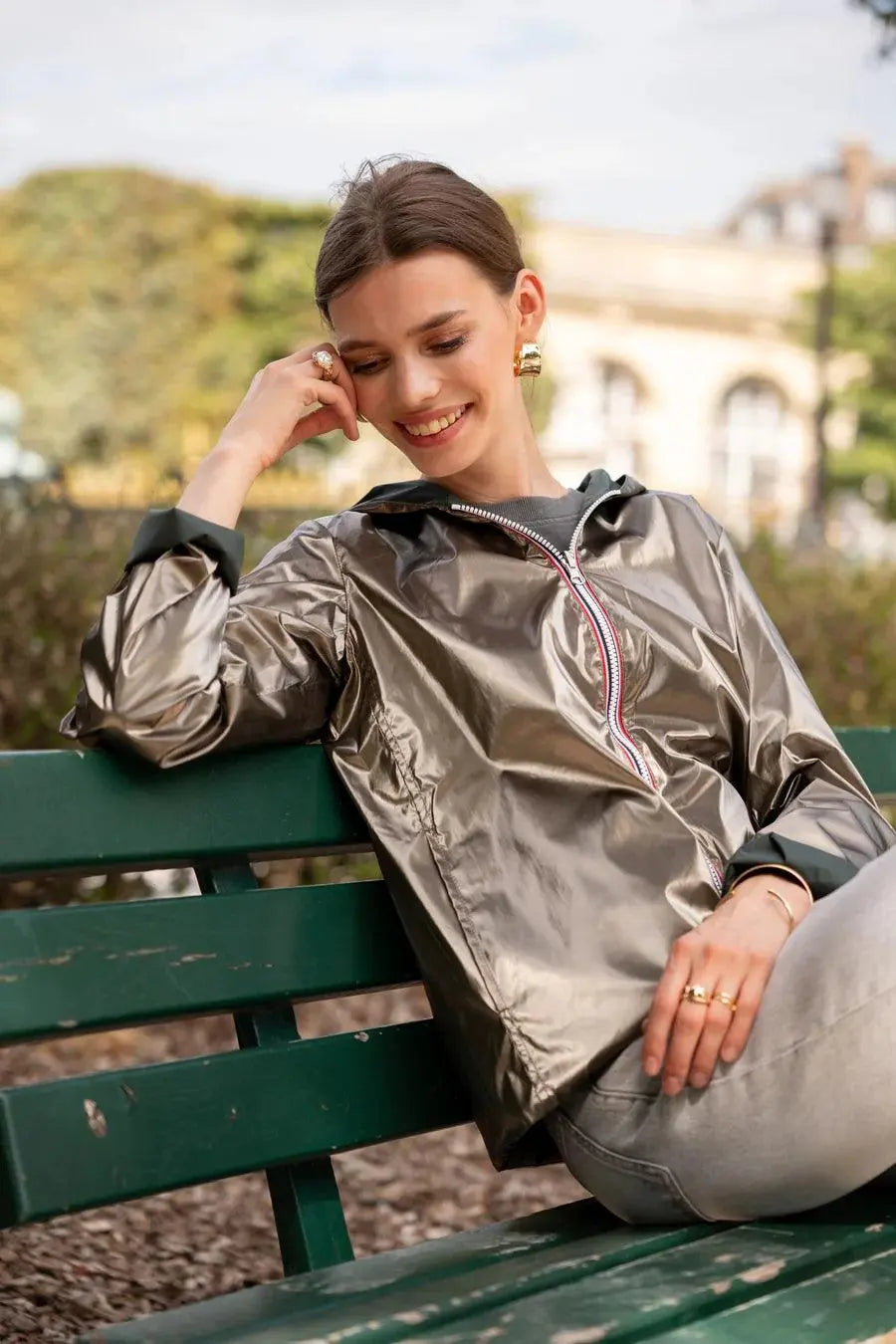 Laura Jo - Imperméable réversible court sans garnissage ouate couleur vert forêt/doré Laura Jo