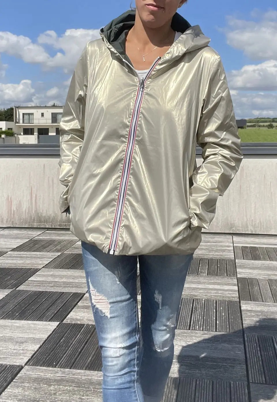 Laura Jo - Imperméable réversible court sans garnissage ouate couleur vert forêt/doré Laura Jo
