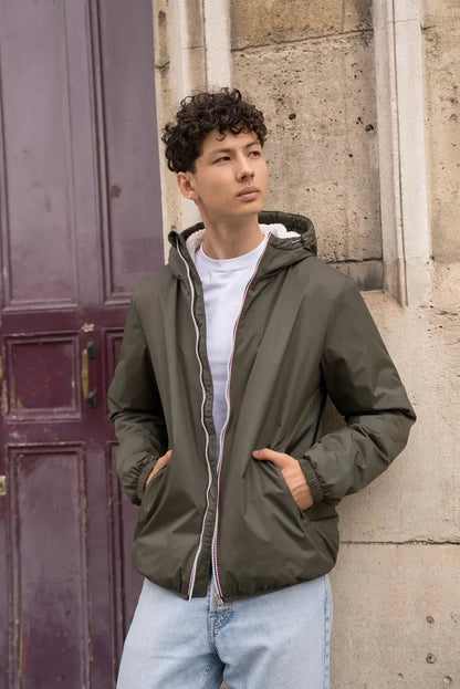 Laura Jo - Manteau imperméable kaki HOMME fourré court, doublé en sherpa blanc Laura Jo