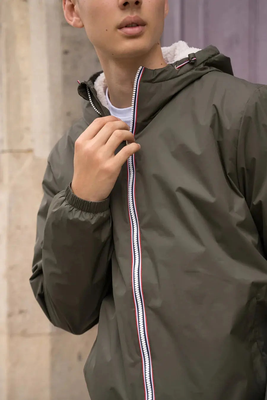 Laura Jo - Manteau imperméable kaki HOMME fourré court, doublé en sherpa blanc Laura Jo