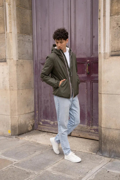Laura Jo - Manteau imperméable kaki HOMME fourré court, doublé en sherpa blanc Laura Jo