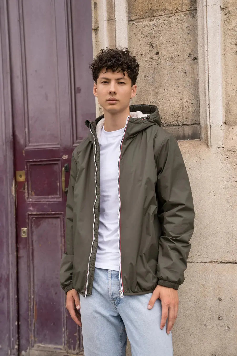 Laura Jo - Manteau imperméable kaki HOMME fourré court, doublé en sherpa blanc Laura Jo
