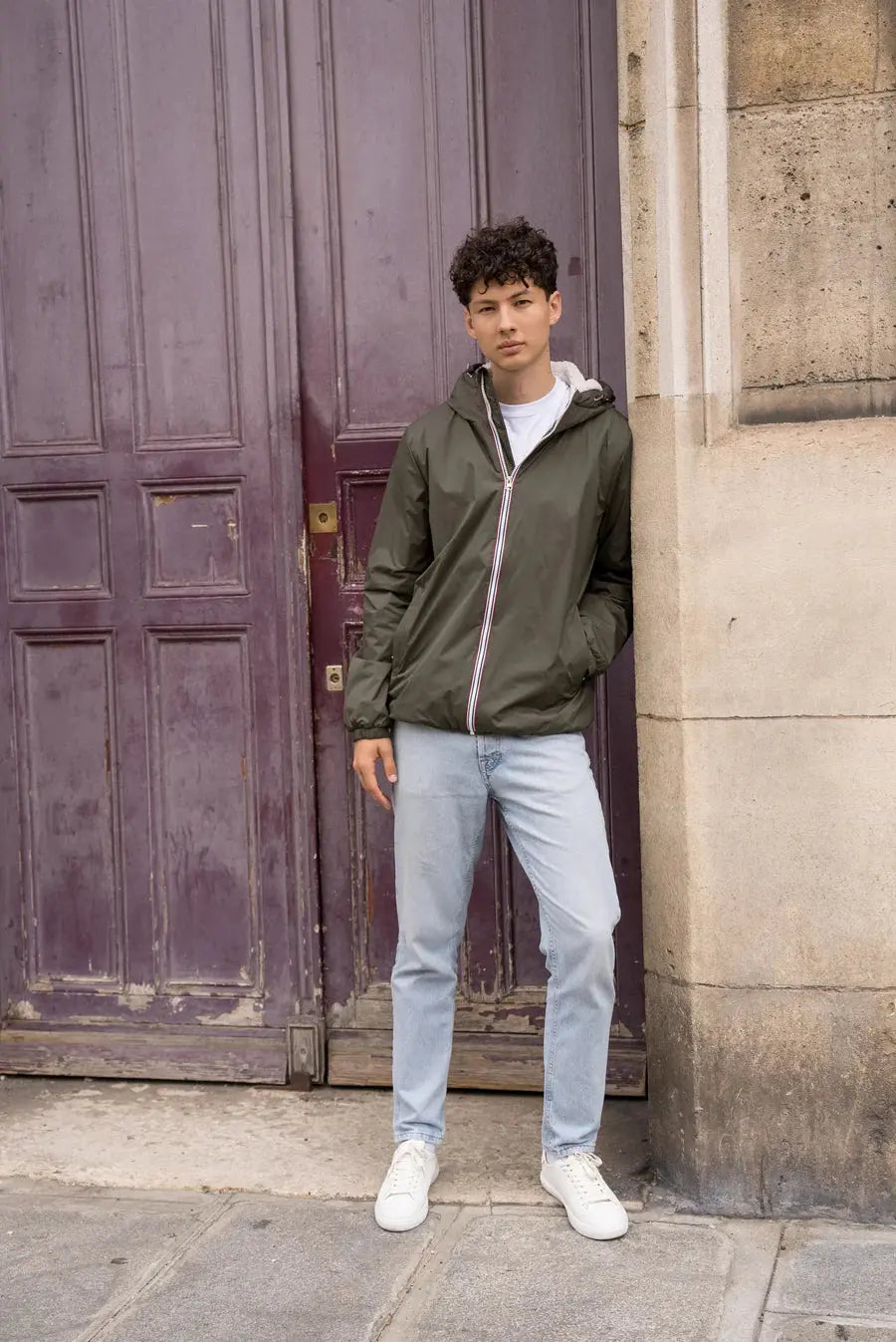 Laura Jo - Manteau imperméable kaki HOMME fourré court, doublé en sherpa blanc Laura Jo