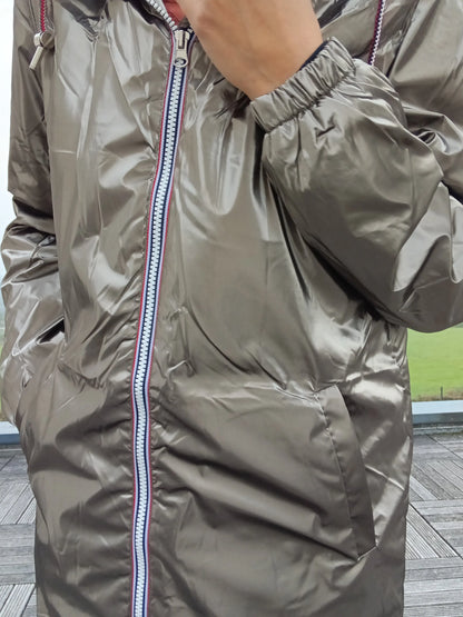 Shiny bronze Laura Jo raincoat with striped zipper, Le Petit Placard outdoor fashion