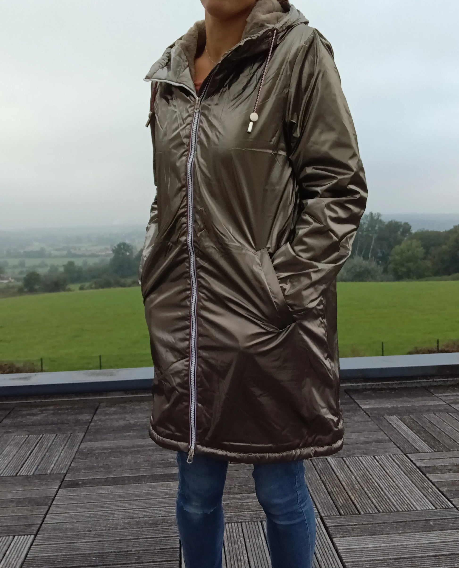 Woman wearing bronze Laura Jo raincoat outdoors, Le Petit Placard fashion