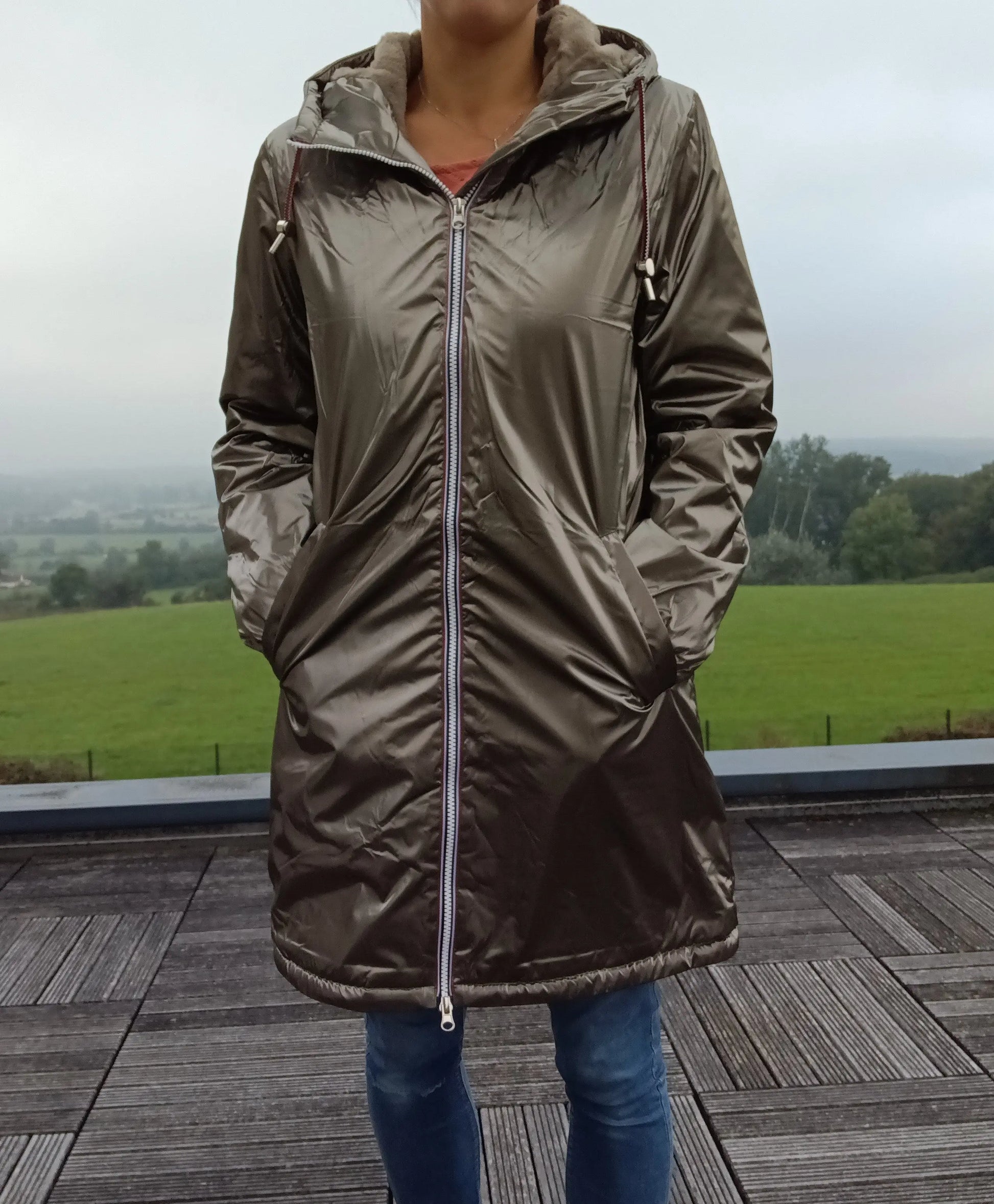 Woman wearing a bronze Laura Jo raincoat outdoors, Le Petit Placard fashion style