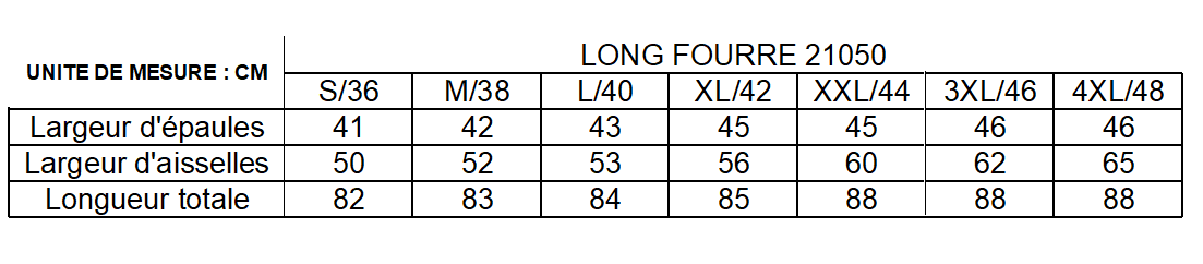 Size chart for Laura Jo long faux fur raincoat, displaying shoulder, chest, and length measurements in centimeters for sizes S to 4XL, Le Petit Placard.
